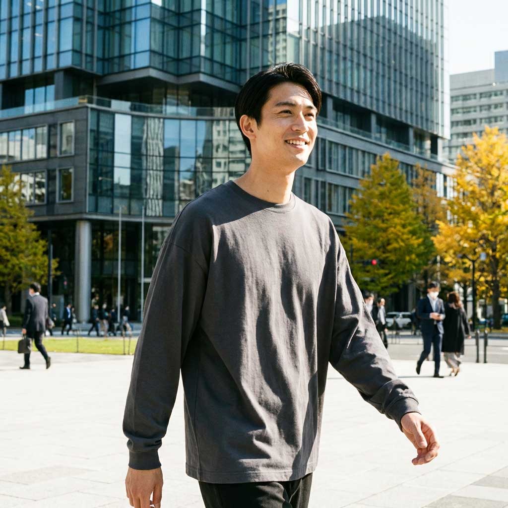 丸の内の昼下がりにCharcoal Greyの重厚コットン長袖Tシャツを着る男性モデル 自然光の下のリアル日系ライフスタイルシーン
