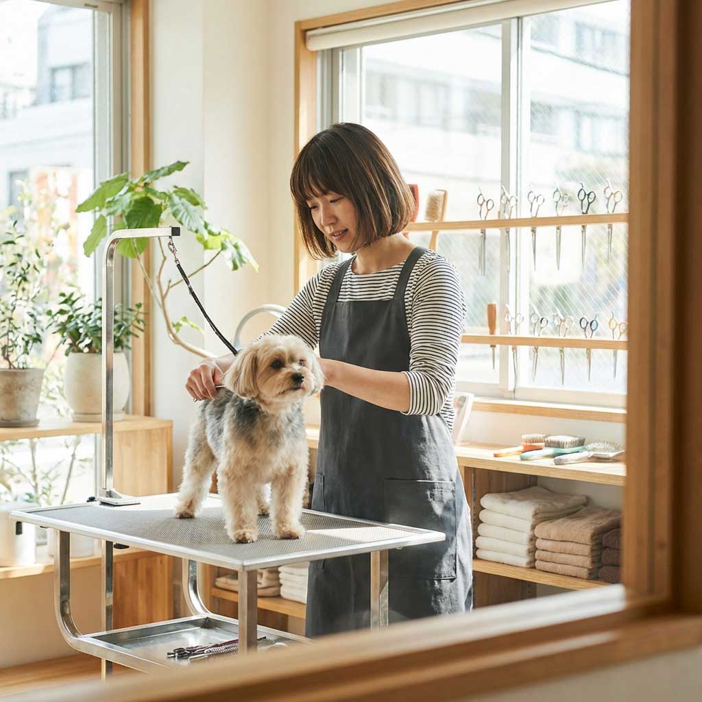トリマーが着用する グルーマーズアーマー チャコールグレー PFASフリー撥水スモック 日差しの入る東京ペットサロン 作業シーン 日中明るい自然光 ライフスタイルフォト