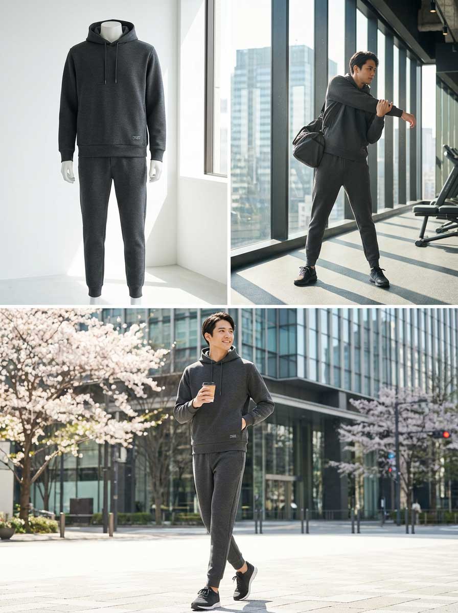 男性モデル着用 アーバン・テック・ヘビーウェイト・アクティブセットアップ Charcoal Grey