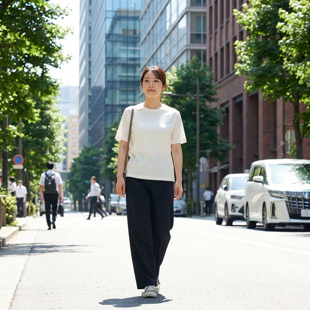 静かな日系オフィス街で撮影された清潔感ある通勤シーン