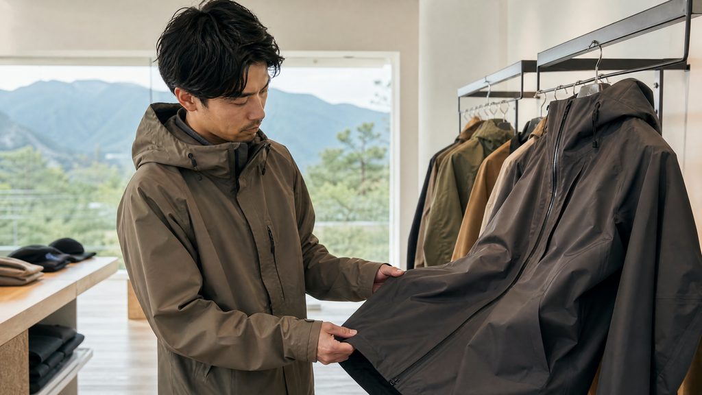 アウトドアウェアOEM品質管理：機能性ジャケットの検品チェックリストとサンプル素材のフラットレイ